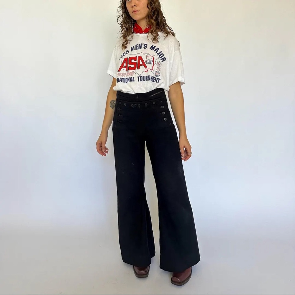 VTG Black Nautical High Rise Sailor Pants High Waist Wide Leg Military Nautical